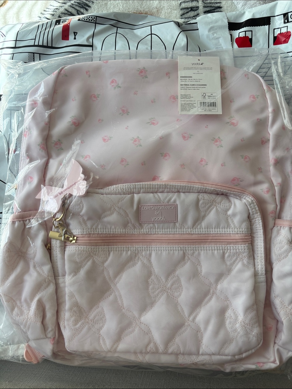 LoveShackFancy Kids Pink Floral Quilted Bow Backpack